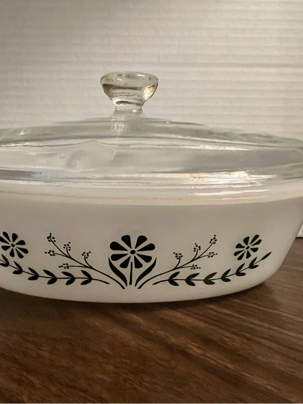 Vintage  Glasbake Casserole Dish with Green Floral Motif